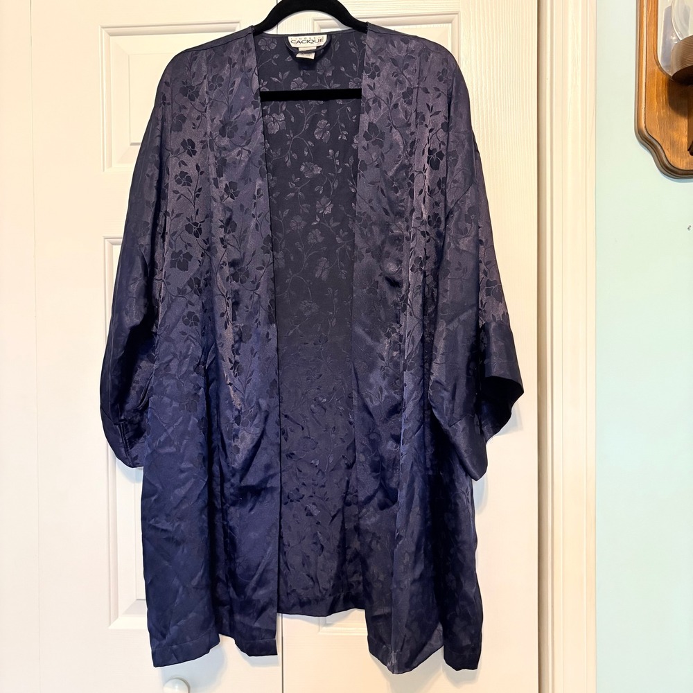 Cacique Lingerie Navy Blue Satin Floral Jacquard Kimono Robe Pockets ML